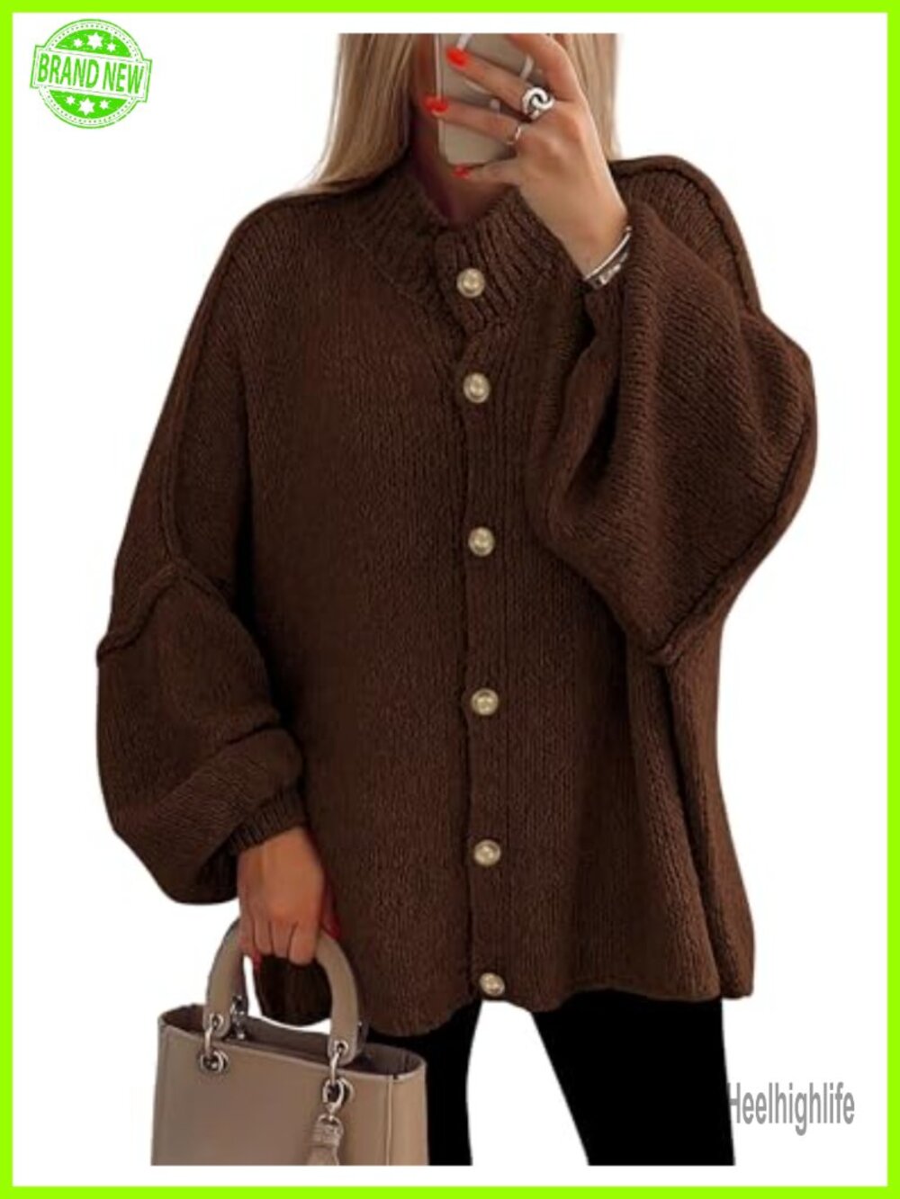 Chunky Knit Oversized Cardigan Sweater Button Down Mock Neck Lantern Sleeve
